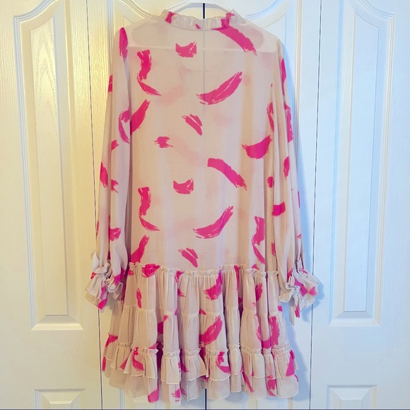 KLEID IIONA Dress Ruffle Printed Long Sleeve Pink Tan Sheer Mini Dress Small - Picture 6 of 6